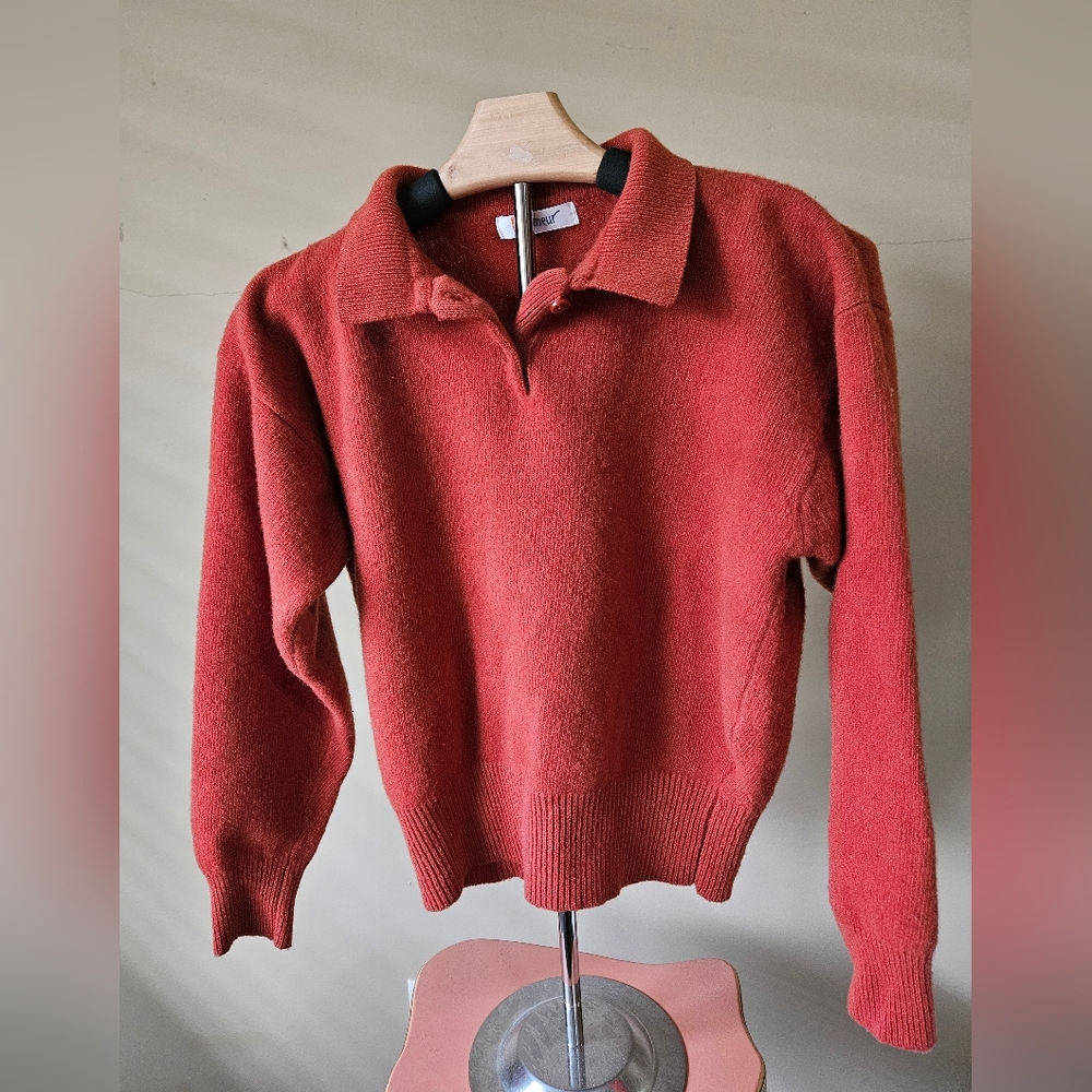 Bonneur 100% Lambswool Rust Orange Button-Placket Sweater